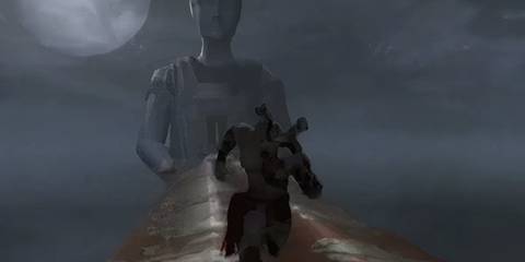 kratos running across a statue in god of war