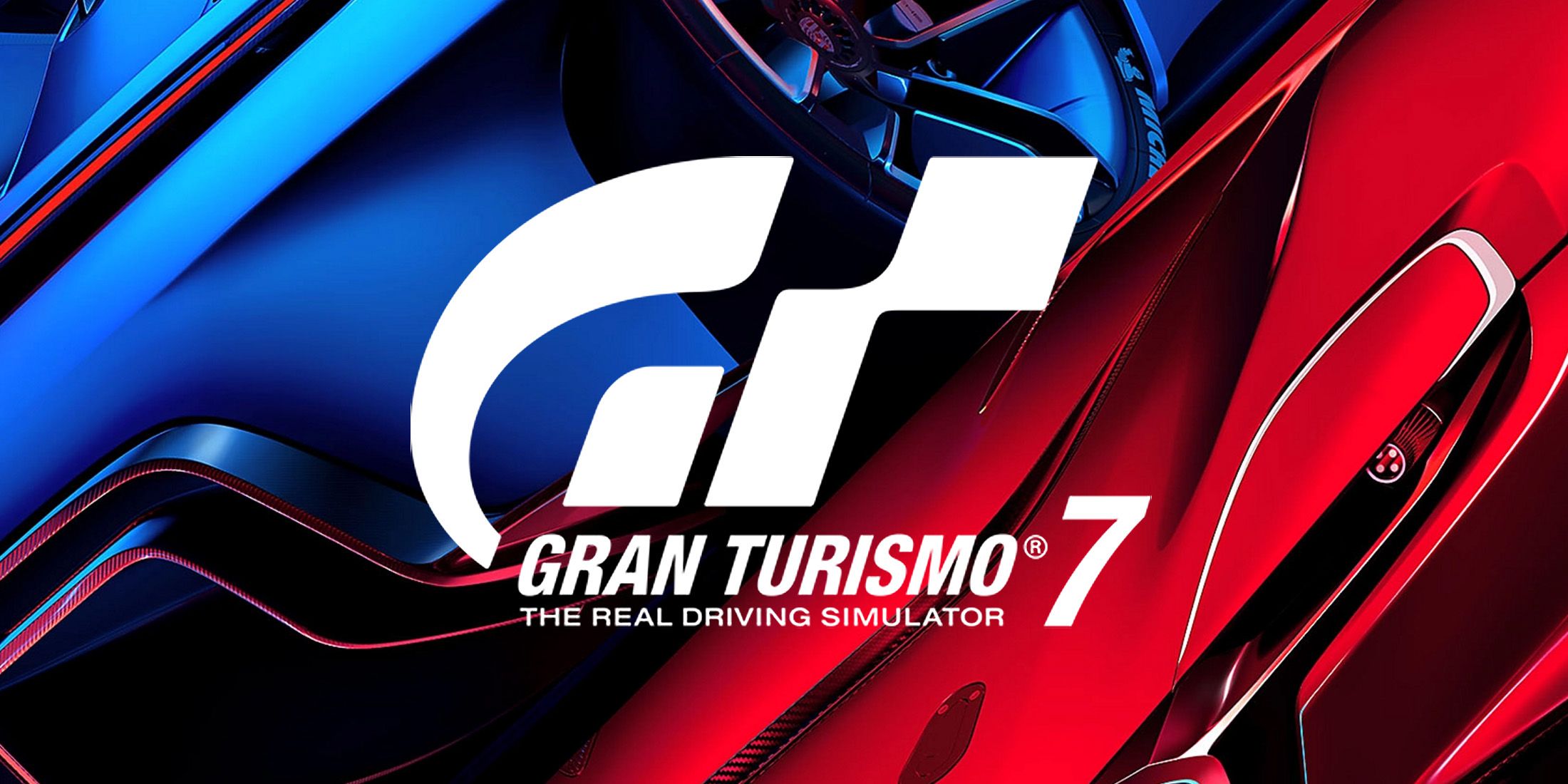 Gran Turismo 7 logo The Real Driving Simulator over blue and red car key art