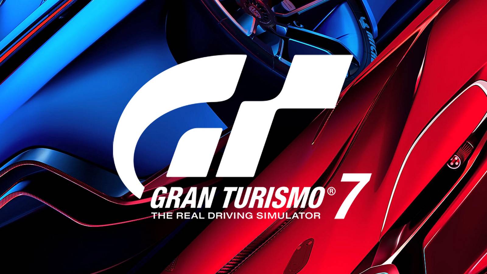 Gran Turismo 7 logo The Real Driving Simulator over blue and red car key art
