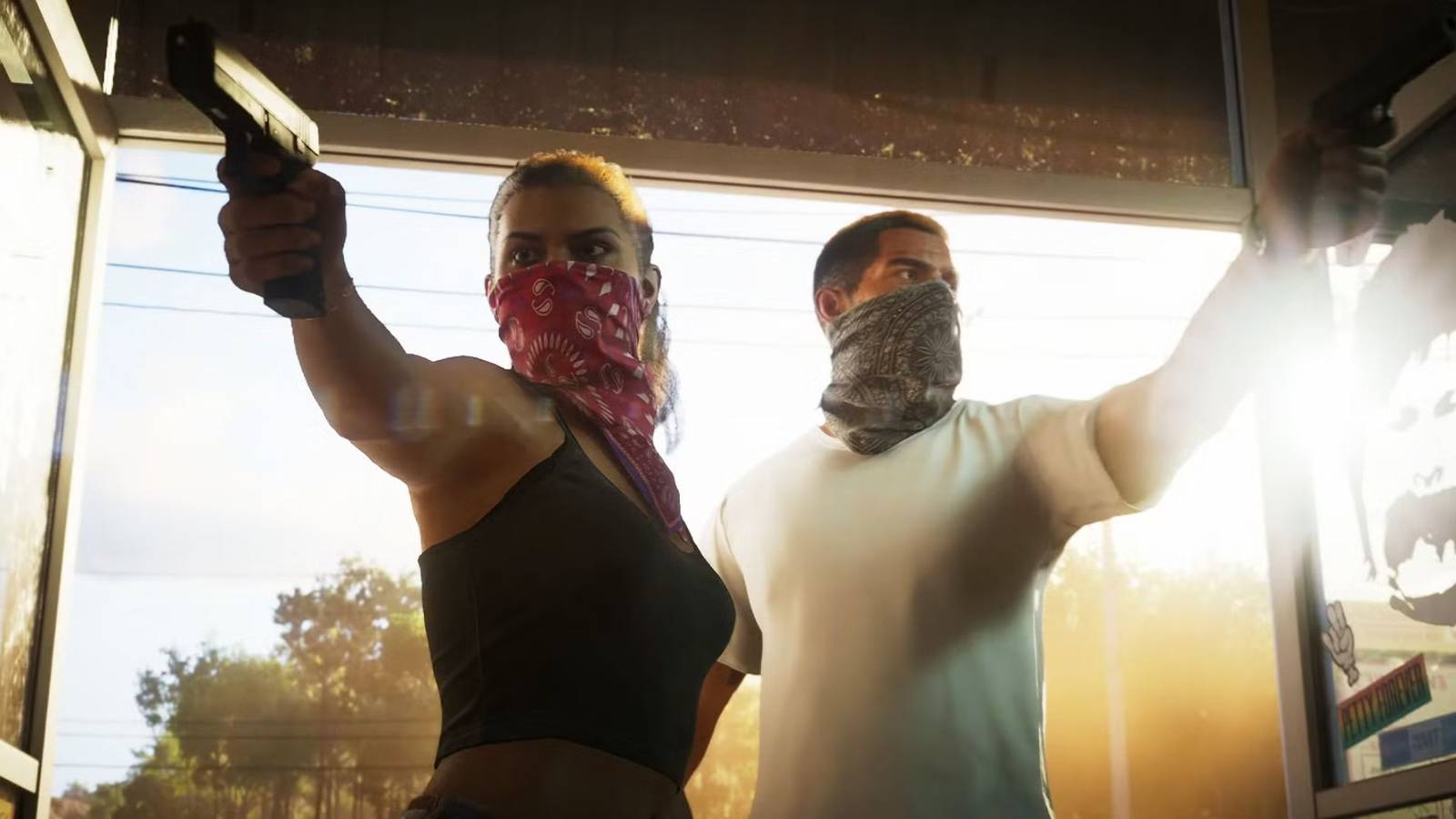 The two protagonists from GTA 6 with guns drawn