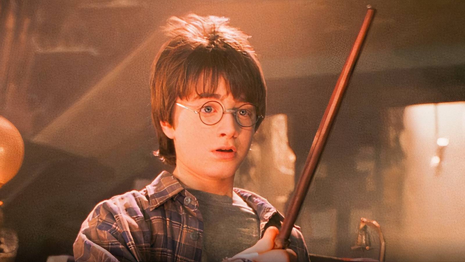 harry potter holding his wand for the first time