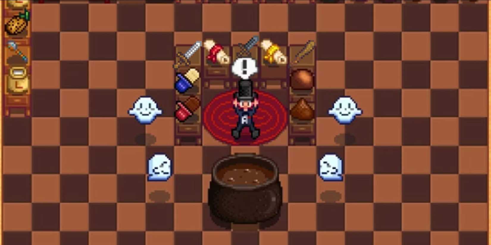 Steel Smallsword, Iron Dirk, and Wood Club from Stardew Valley over a screenshot from Haunted Chocolatier