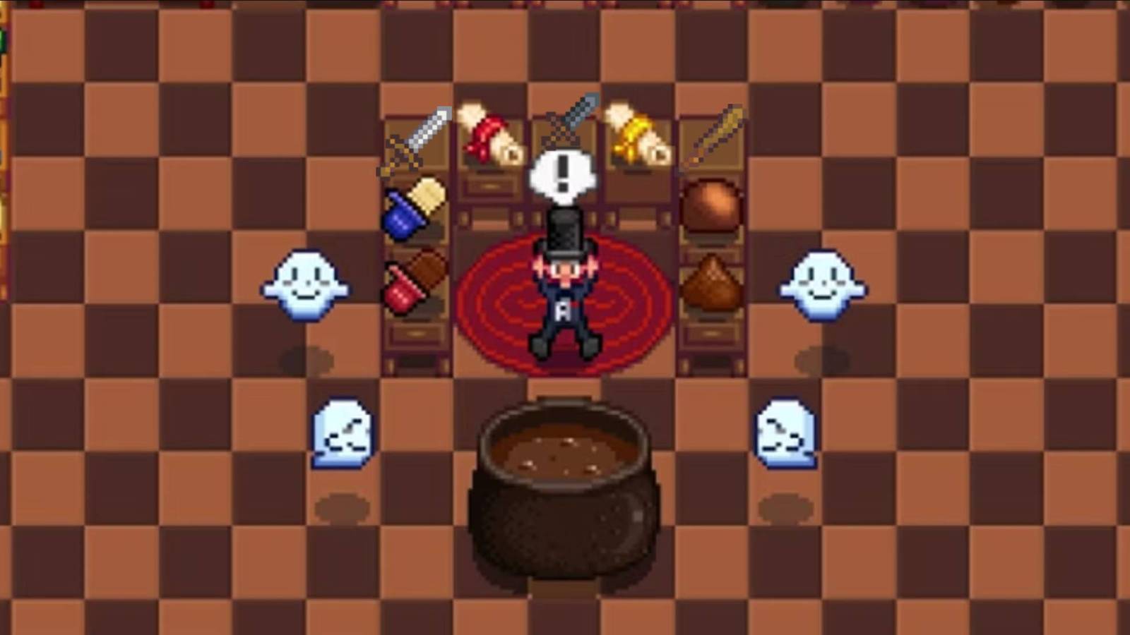 Steel Smallsword, Iron Dirk, and Wood Club from Stardew Valley over a screenshot from Haunted Chocolatier