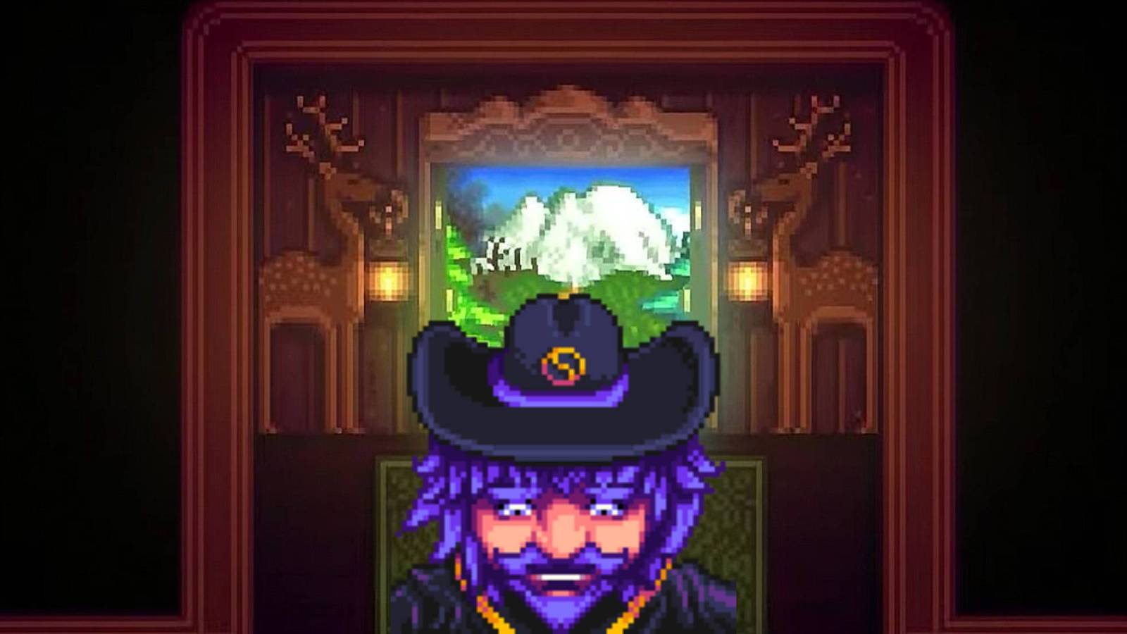 The Wizard from Stardew Valley in front of a door from Haunted Chocolatier's trailer