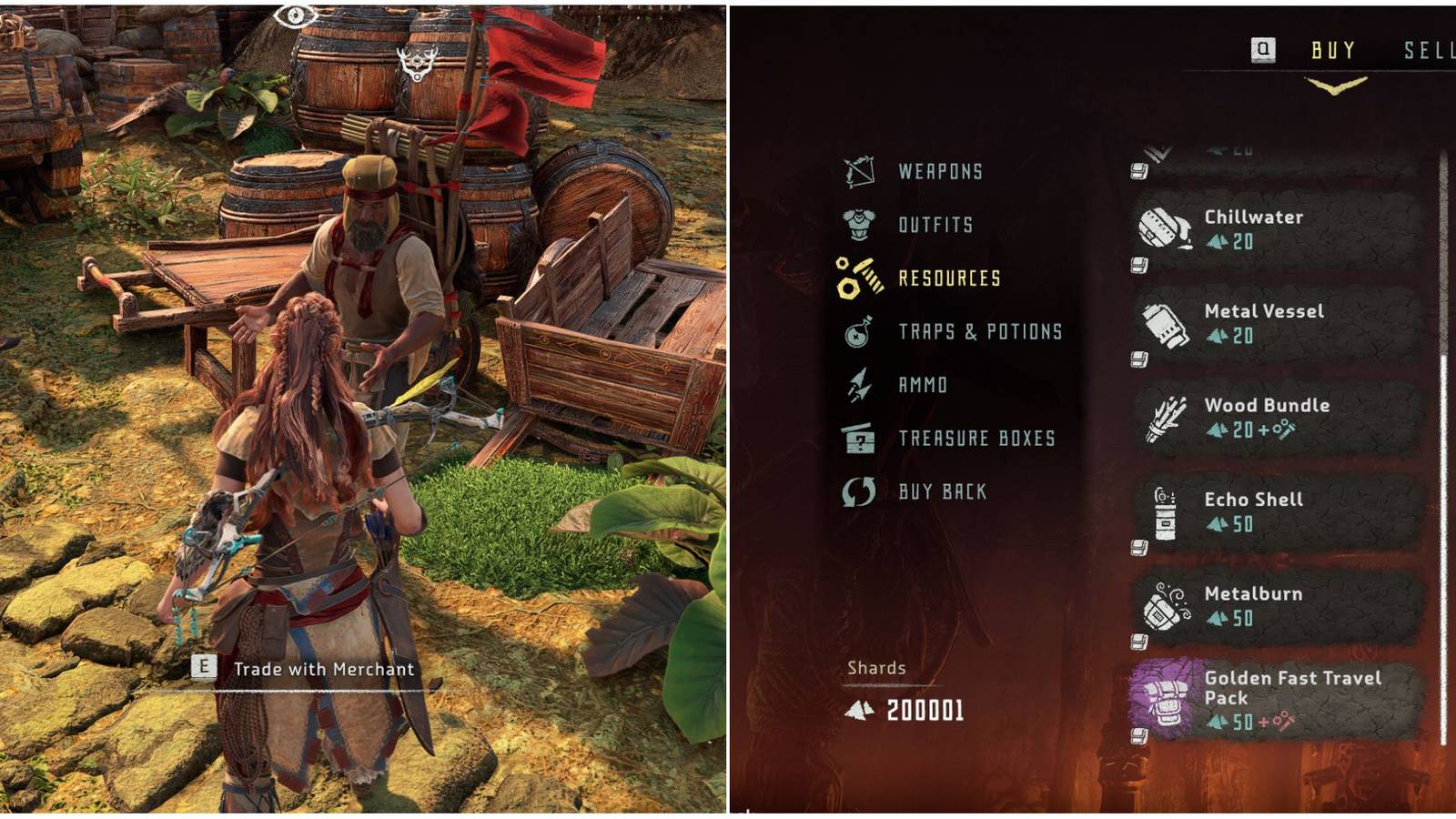 horizon zero dawn golden fast travel pack and merchant