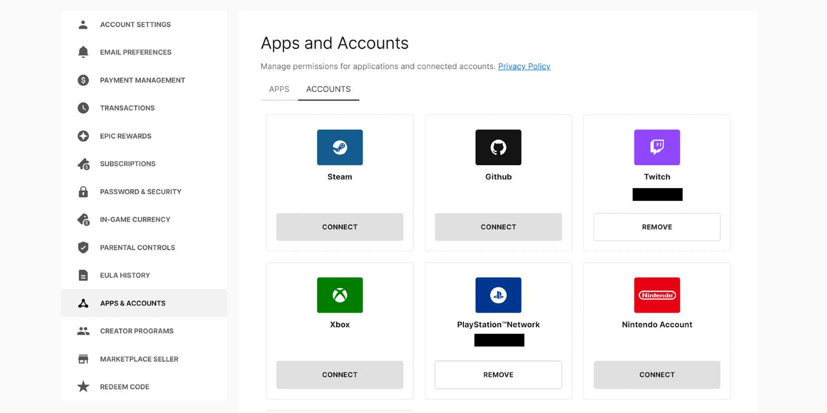 Screenshot showcasing how to connect accounts to an Epic Account 