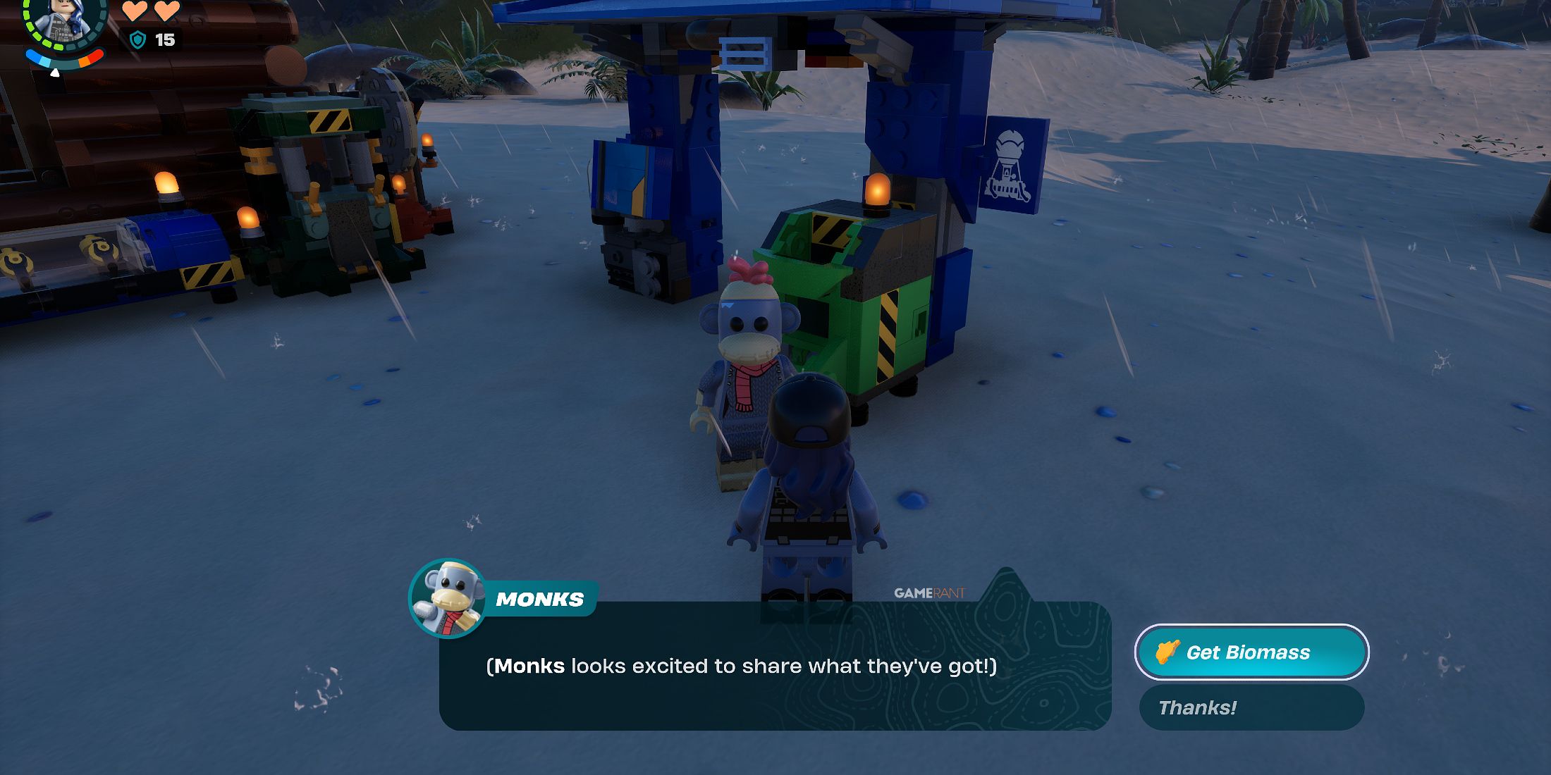 Screenshot showcasing how to get a Villager to farm Biomass in LEGO Fortnite