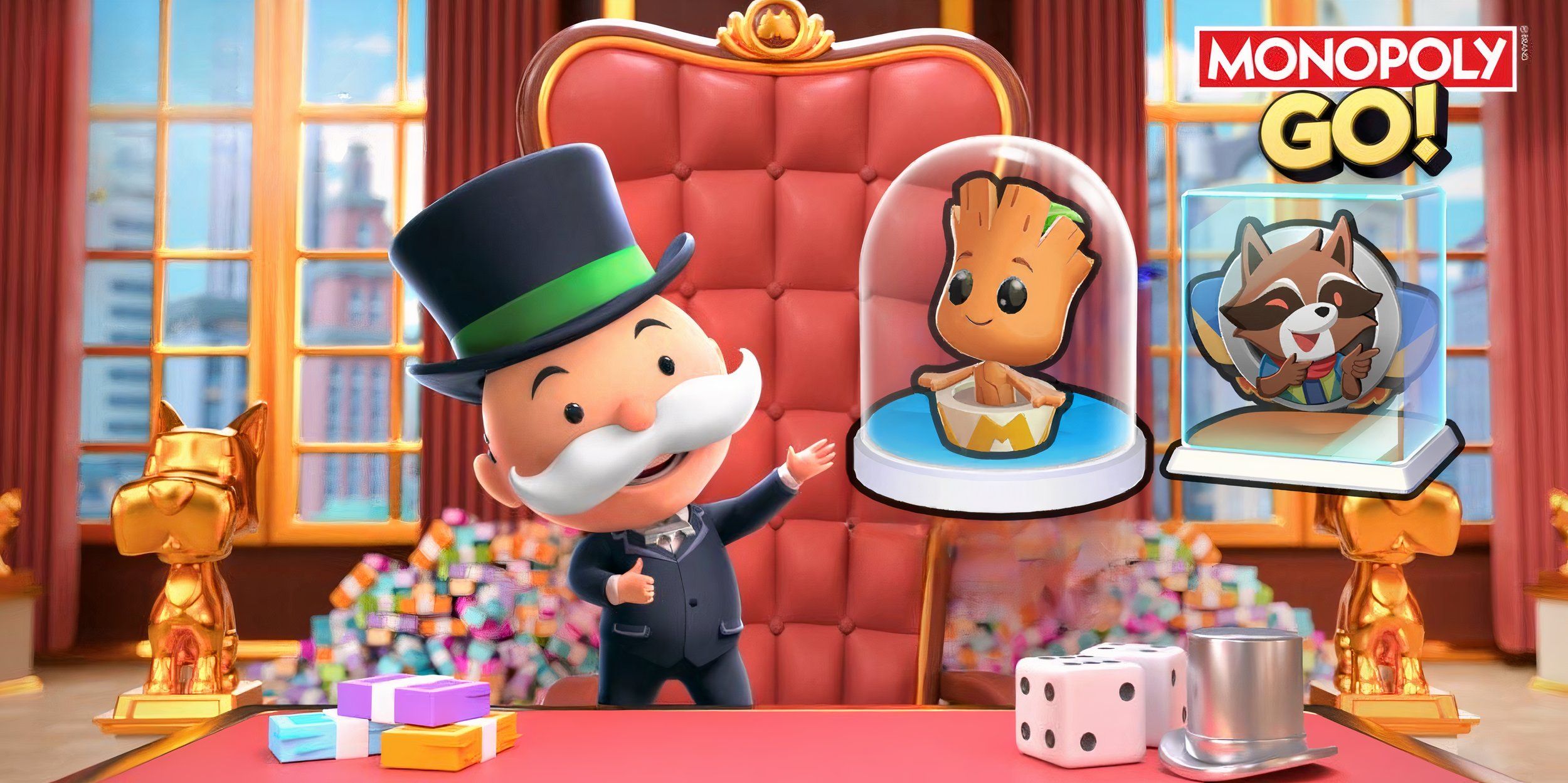 The Monopoly Go mascot with the Groot token and Raccoon shield