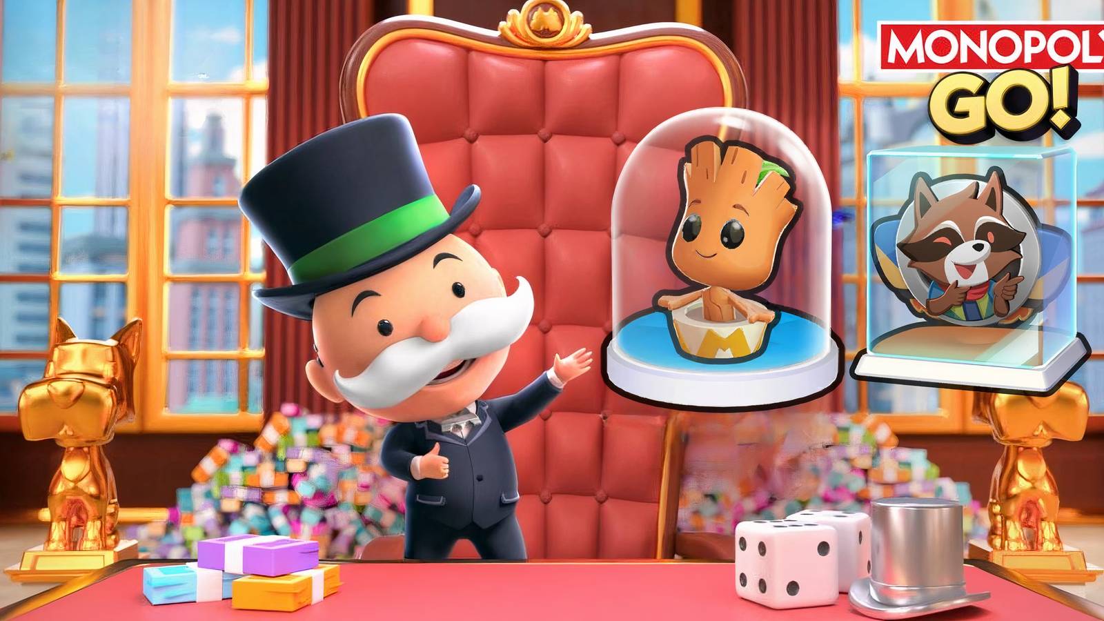 The Monopoly Go mascot with the Groot token and Raccoon shield