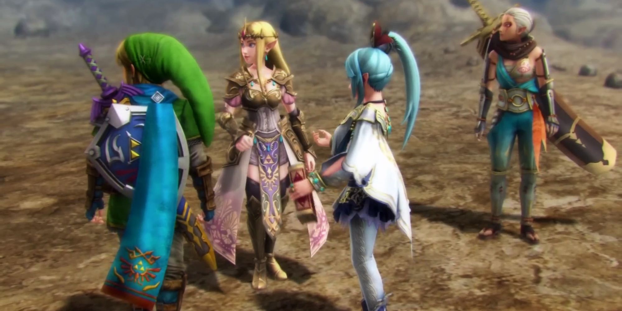 Link, Zelda, Impa, and Lana on the battlefield in Hyrule Warriors Definitive Edition