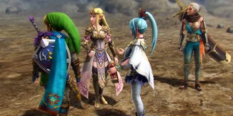 Link, Zelda, Impa, and Lana on the battlefield in Hyrule Warriors Definitive Edition