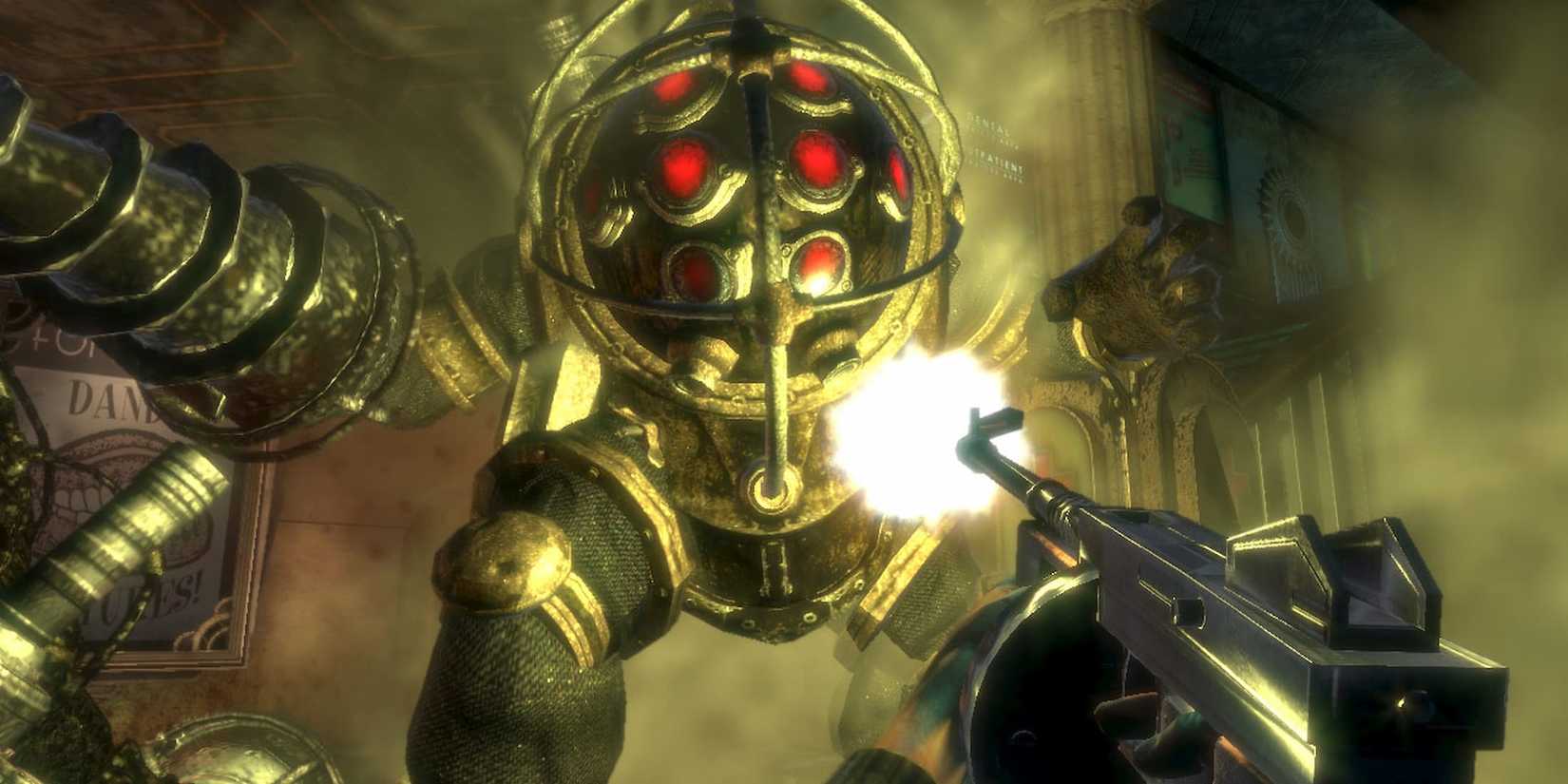 Fighting a Big Daddy with a Tommy Gun in Bioshock