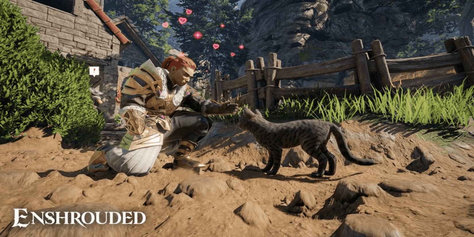Player stroking cat in Enshrouded
