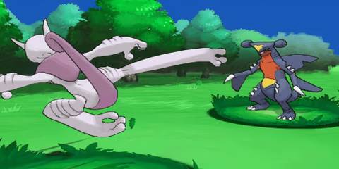 Mega Mewtwo X and Garchomp fighting.