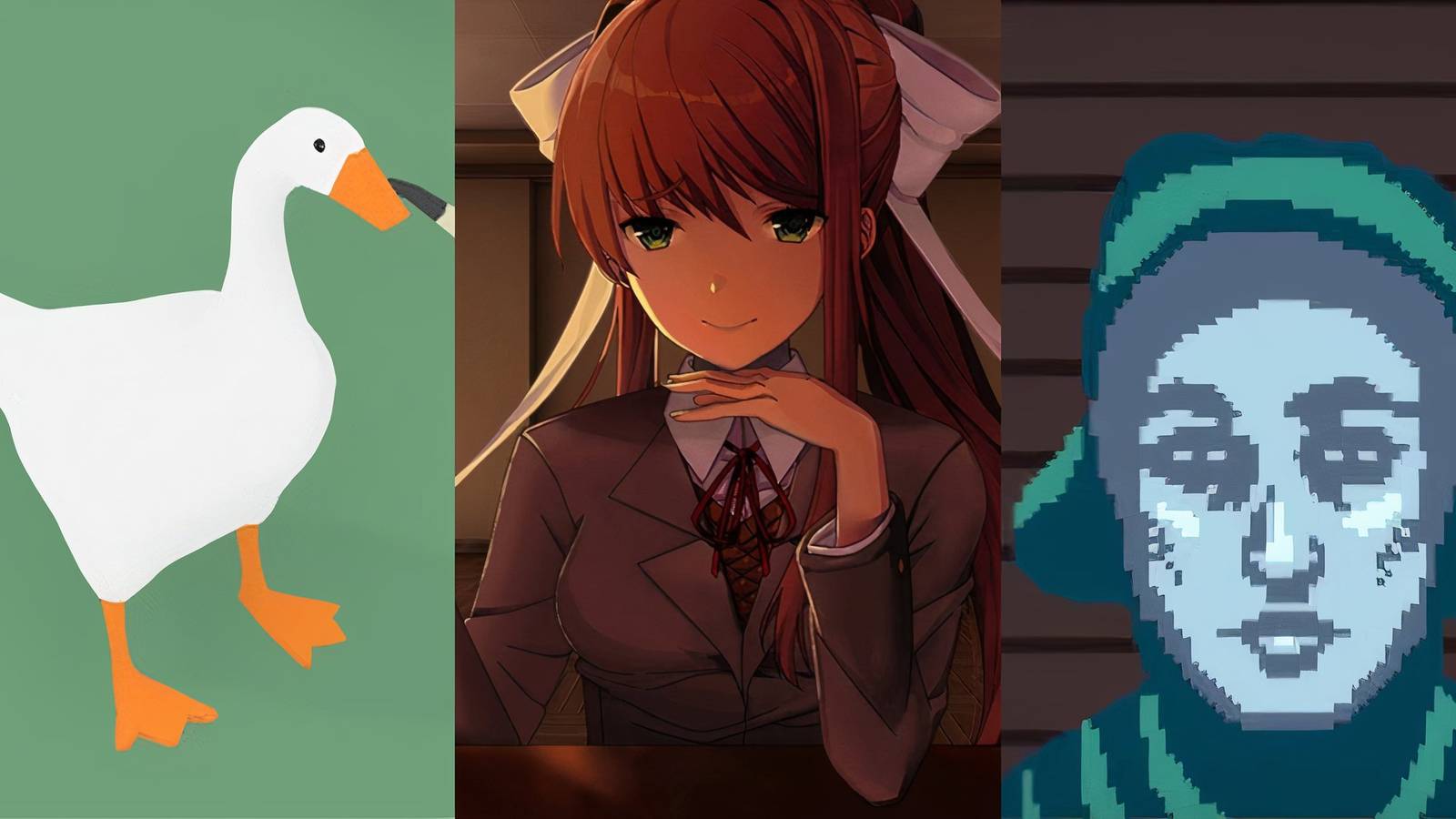 Stills from Untitled Goose Game, Doki Doki Literature Club, and Papers, Please