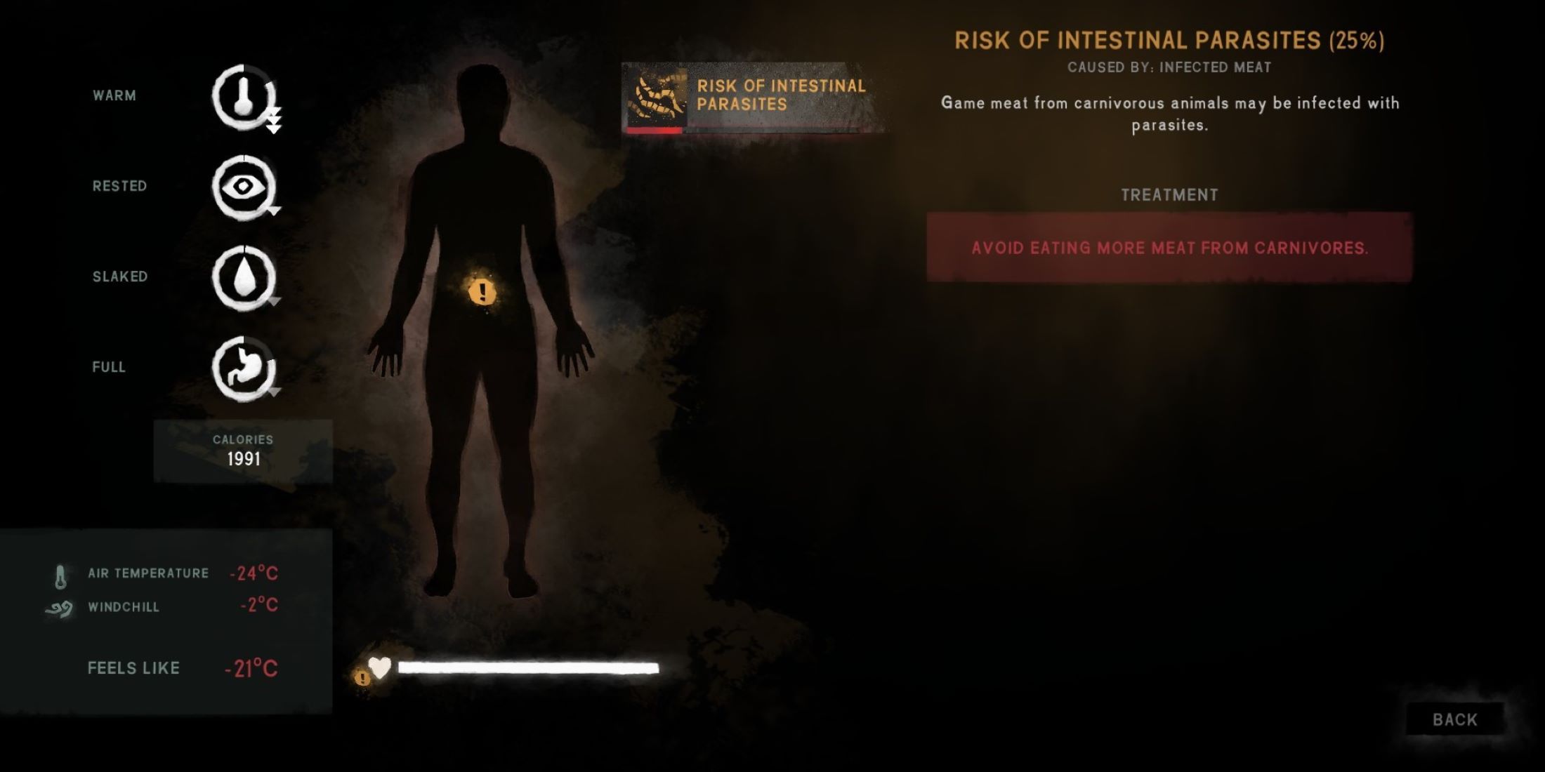 Character With Internal Parasites Risk Displayed In Menu