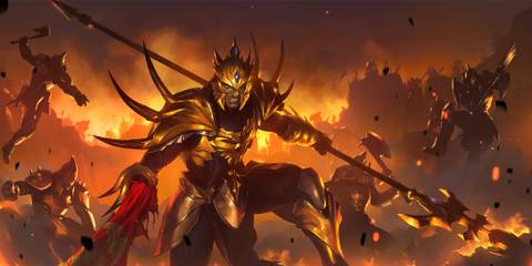 Jarvan IV leading a charge in golden armor, surrounded by flames and chaos, in Legends of Runeterra