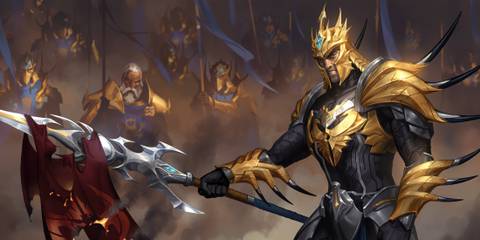 Jarvan IV standing triumphantly with a war banner and soldiers in the background, in Legends of Runeterra