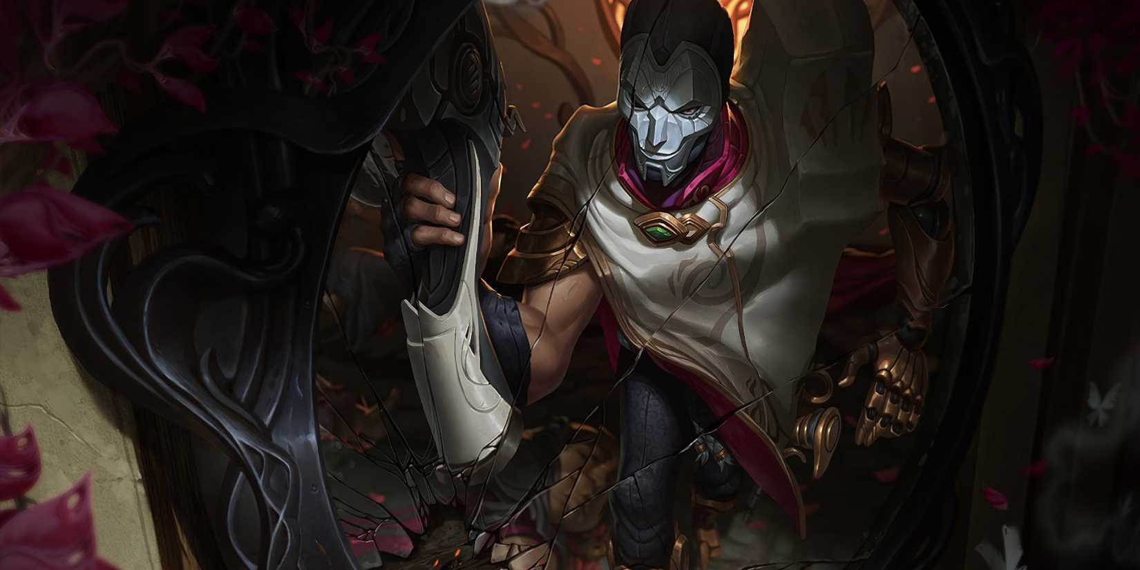 Jhin holding his gun with a theatrical stance, preparing his deadly art in Ionia