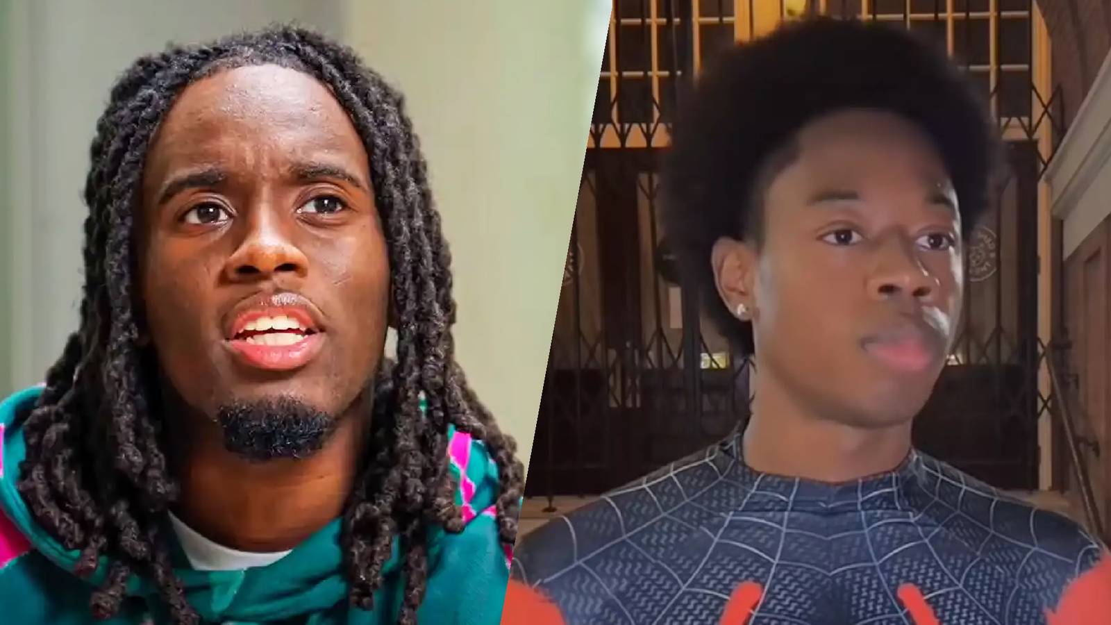 Side-by-side photos of Kai Cenat and NPC Miles Morales