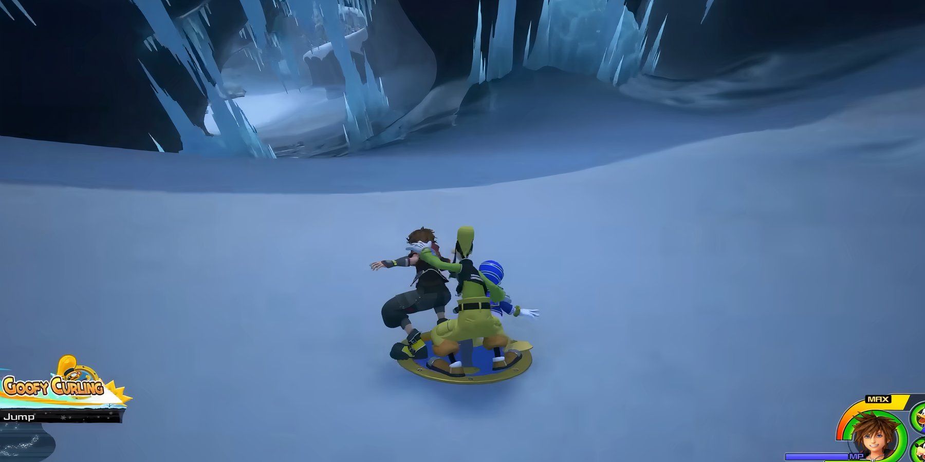 sora, donald and goofy sledding down a snowy mountain