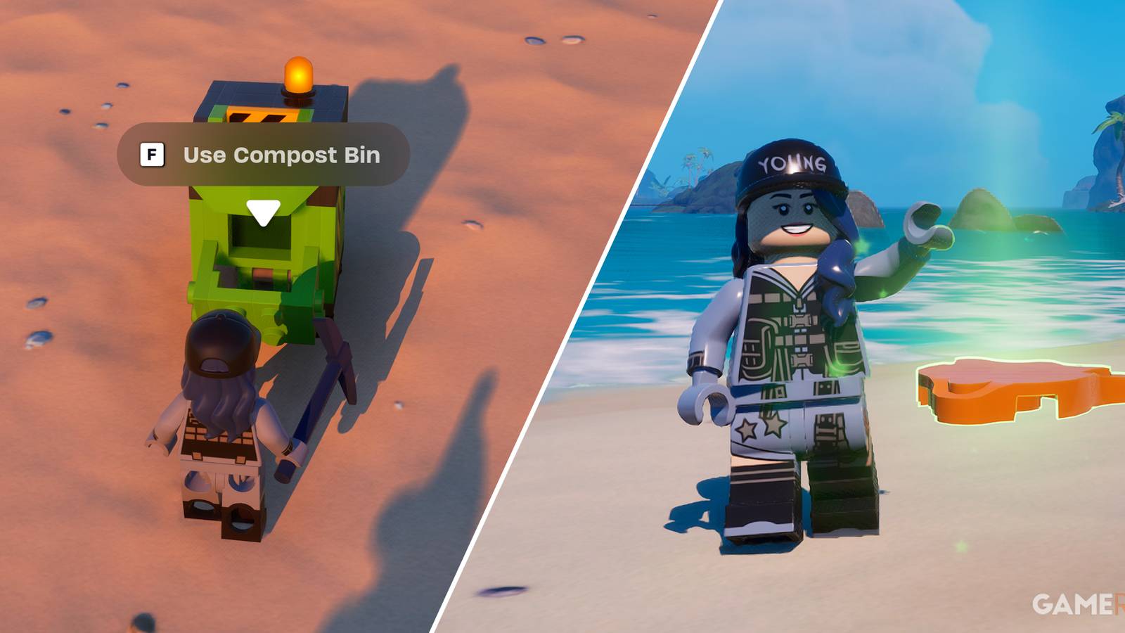 Split-image showcasing how to get Biomass in LEGO Fortnite