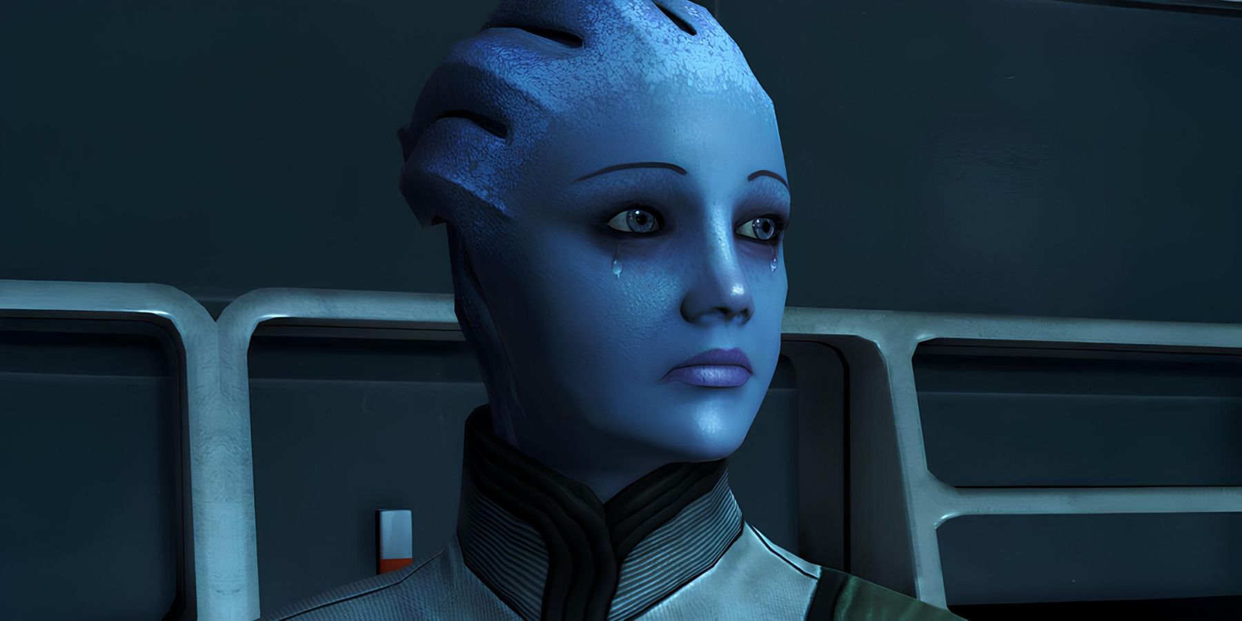 Liara T'Soni, who must be in the Mass Effect TV series, with tears in her eyes