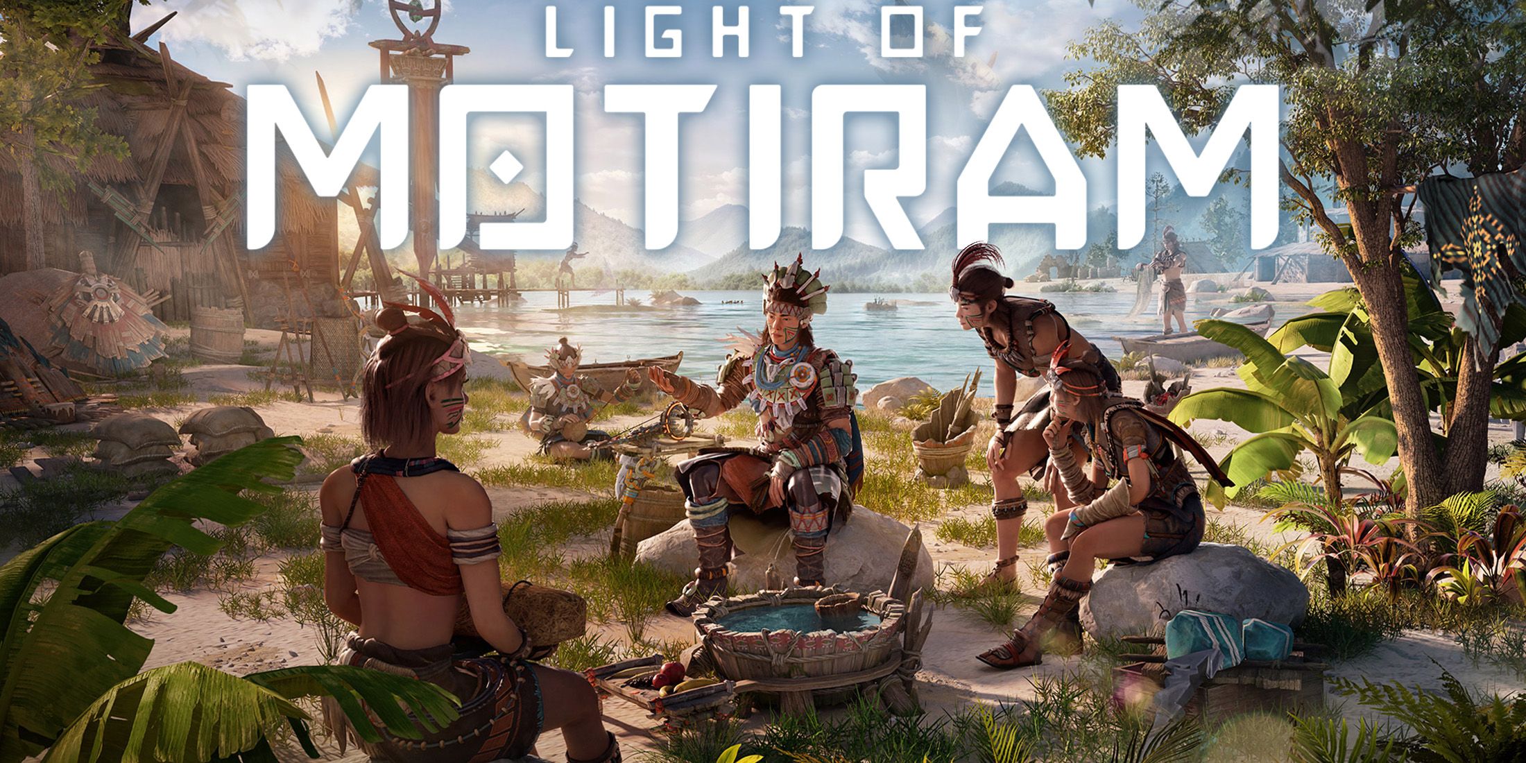 Light of Motiram gameplay promo screenshot sitting on rocks idyllic tropical beach game logo edit