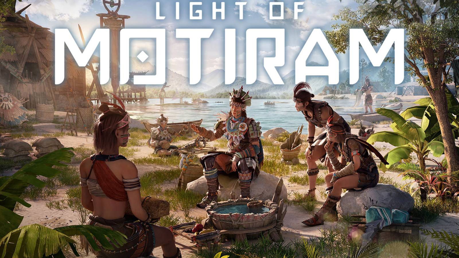 Light of Motiram gameplay promo screenshot sitting on rocks idyllic tropical beach game logo edit