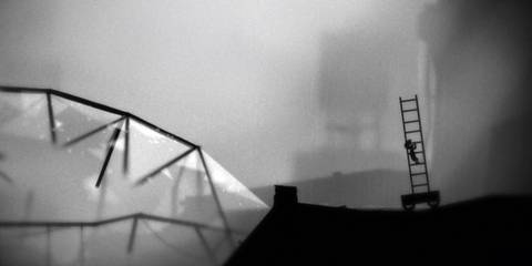 A young boy climbing a ladder 