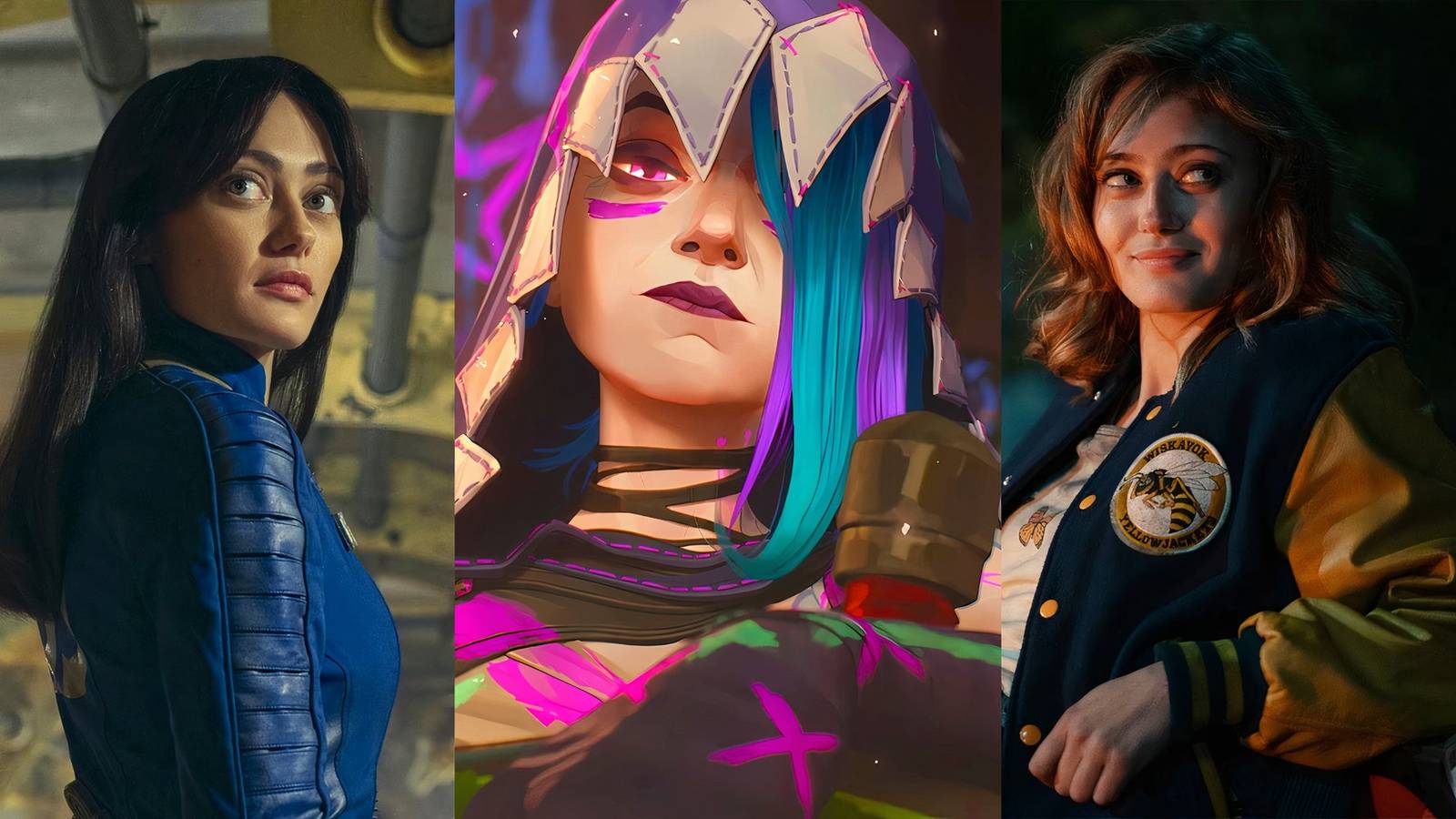 Lucy in Fallout, Jinx from Arcane, and Ella Purnell as Jackie in Yellowjackets