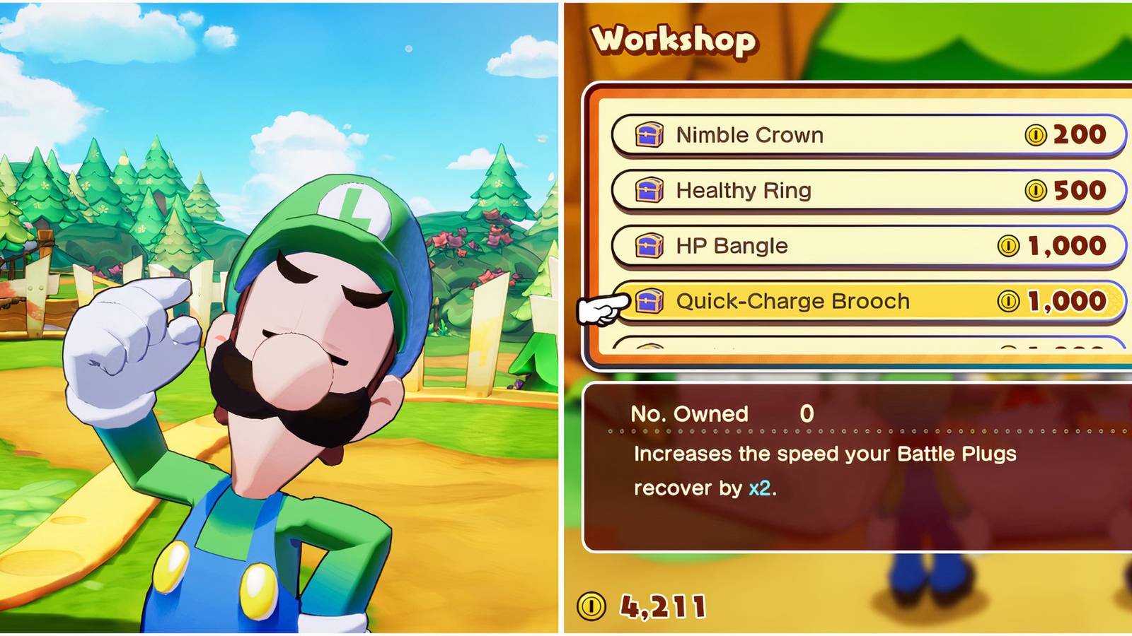 Luigi and Quick-Charge Brooch accessory in Mario & Luigi Brothership