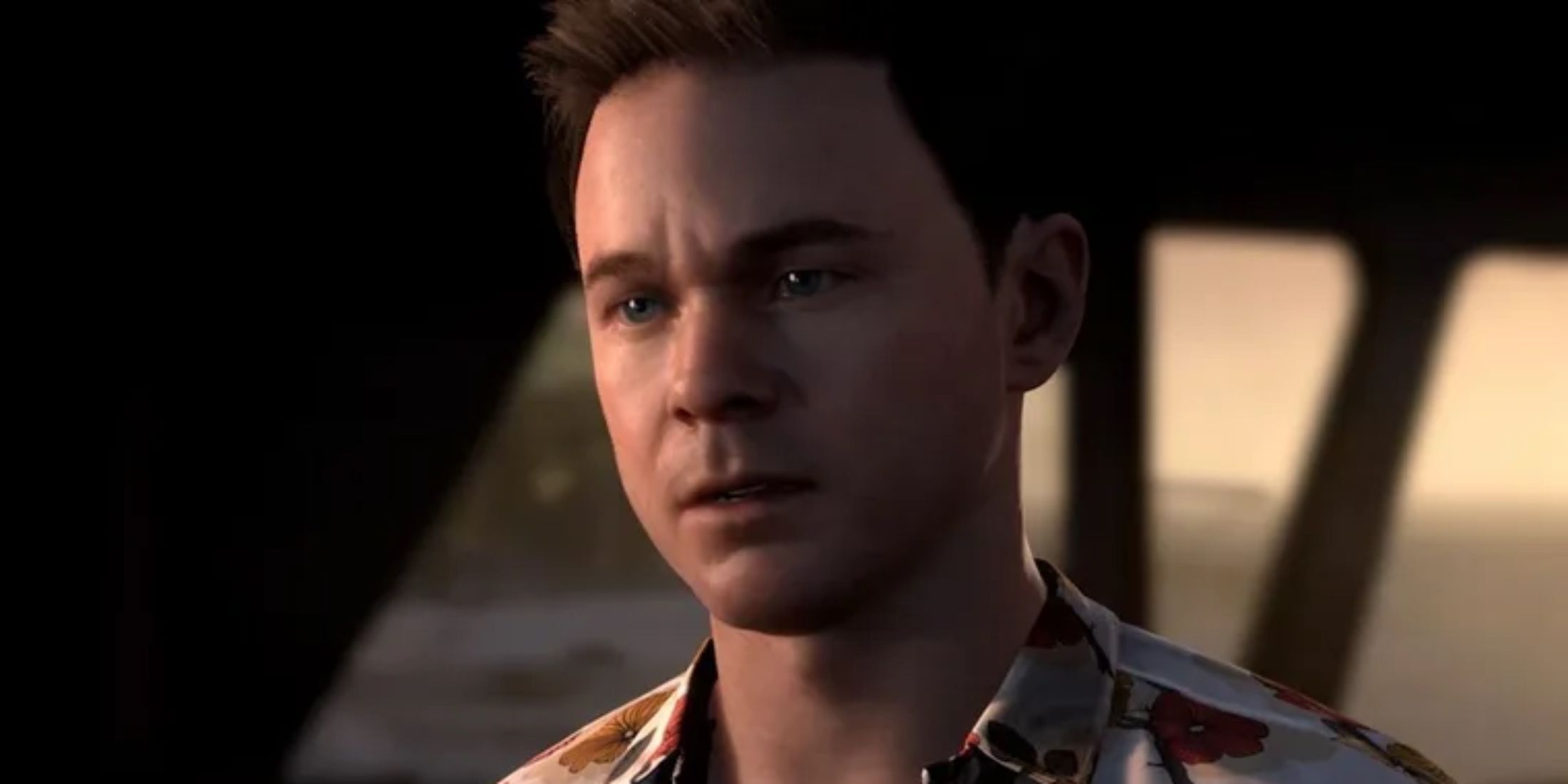 A close-up of Conrad in a Hawaiian shirt in Man of Medan