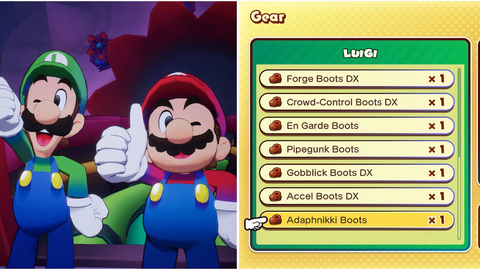 Mario and Luigi and Adaphnikki Boots weapon in Mario & Luigi Brothership