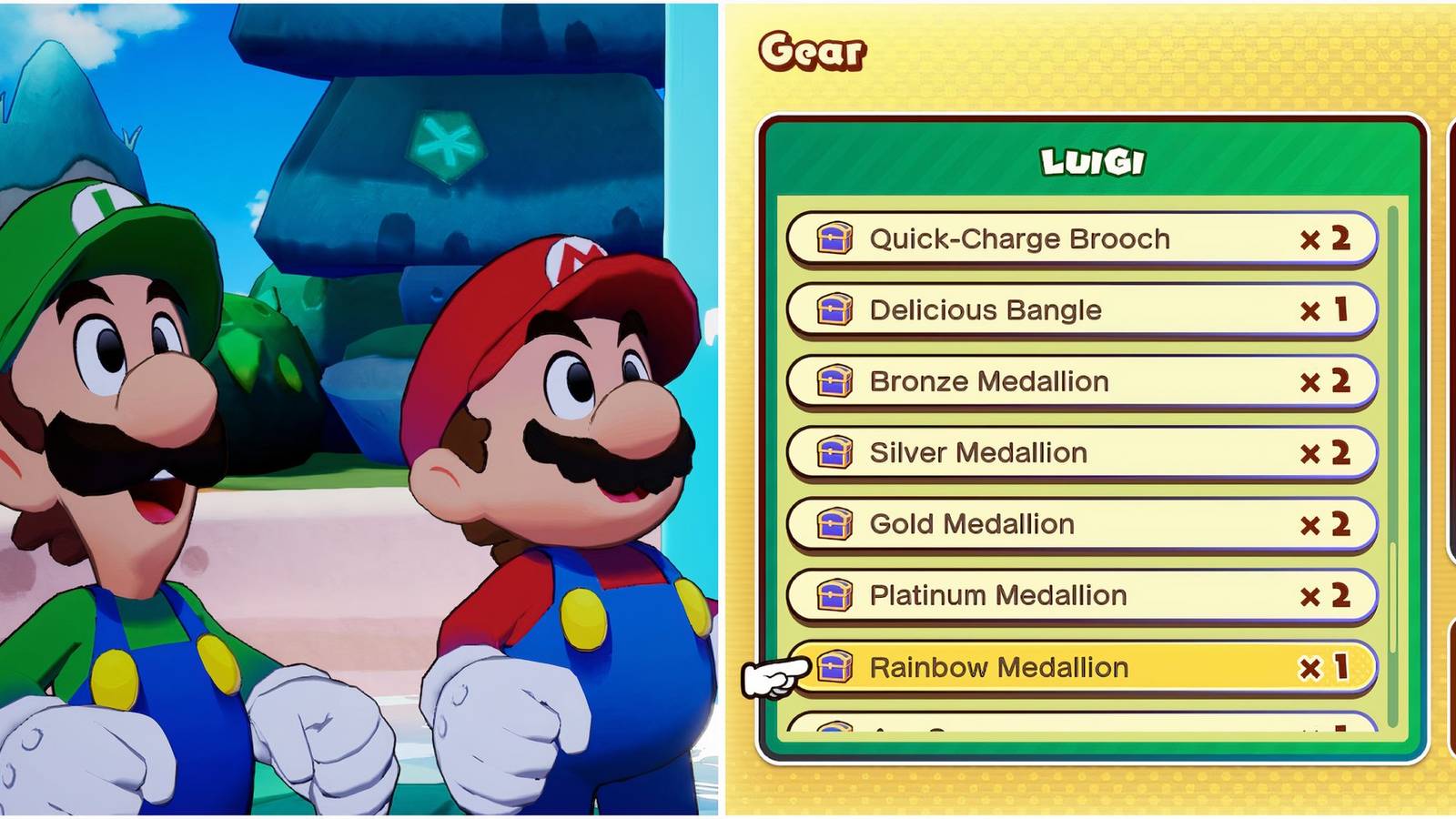 Mario and Luigi Rainbow Medallion accessories in Mario & Luigi Brothership
