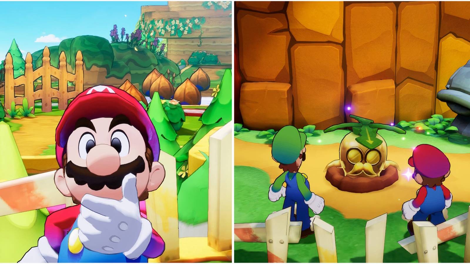 Mario and talking to a Grampy Turnip in Mario & Luigi Brothership