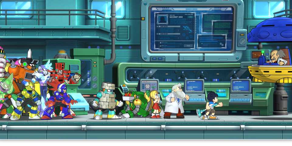 Mega Man, with Dr. Light, Roll and other robots, confronts Dr. Wily in Mega Man 11