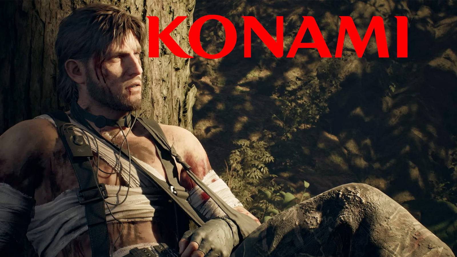 Metal Gear Solid Delta Snake Eater gameplay screenshot Naked Snake injured leaning on tree next to red Konami logo 2x1 composite