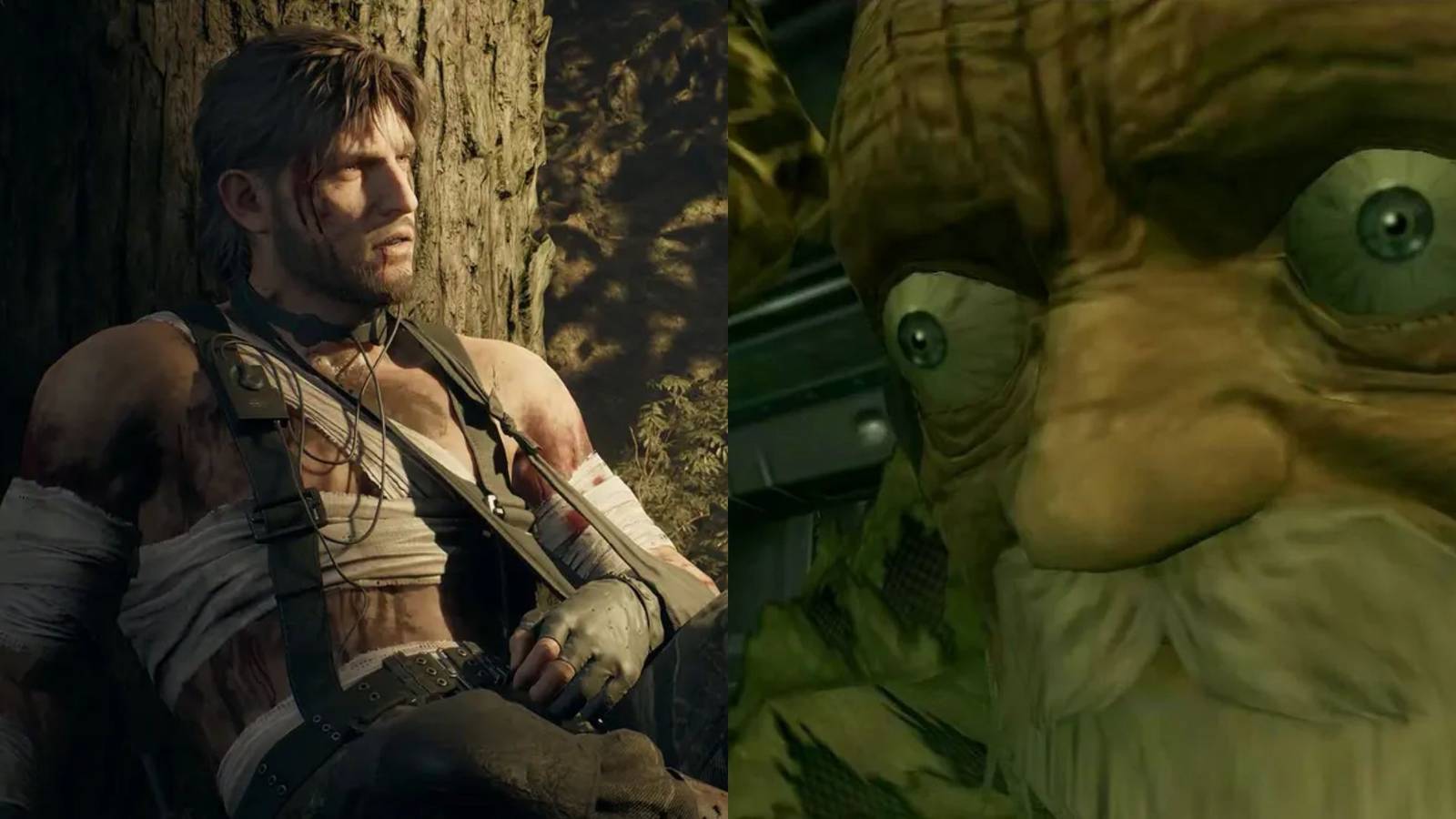 Promotional image of Naked Snake aka Big Boss from Metal Gear Solid Delta contrasted with an image of The End from the original version of Metal Gear Solid 3, sourced from an intentional system exploit