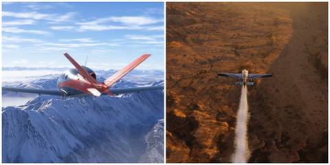 Split image of an aircraft in the mountains and an aircraft flying in the desert in Microsoft Flight Simulator 2024