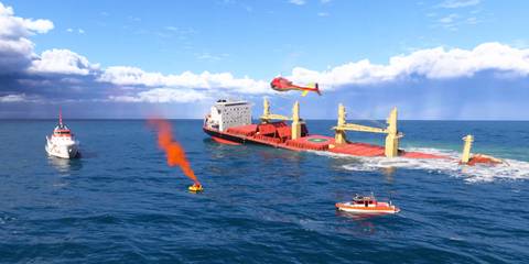 Image of a cargo ship being saved by an emergency helicopter in Microsoft Flight Simulator 2024