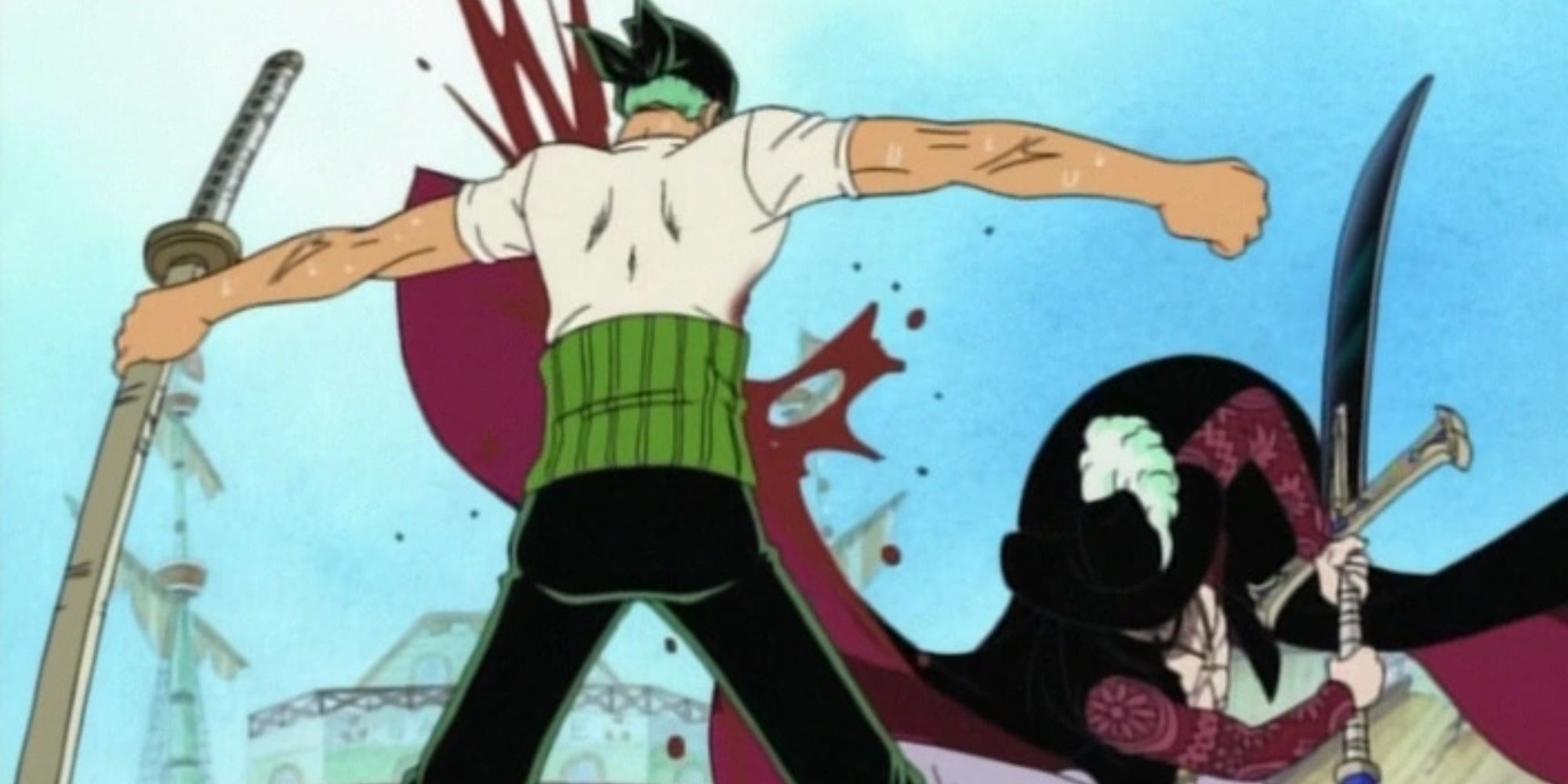 Mihawk defeats Zoro with a final blow in One Piece