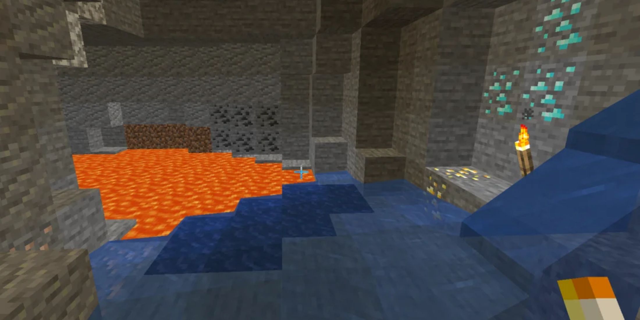 A cave with lava and water meeting to make Obsidian and diamonds on the right