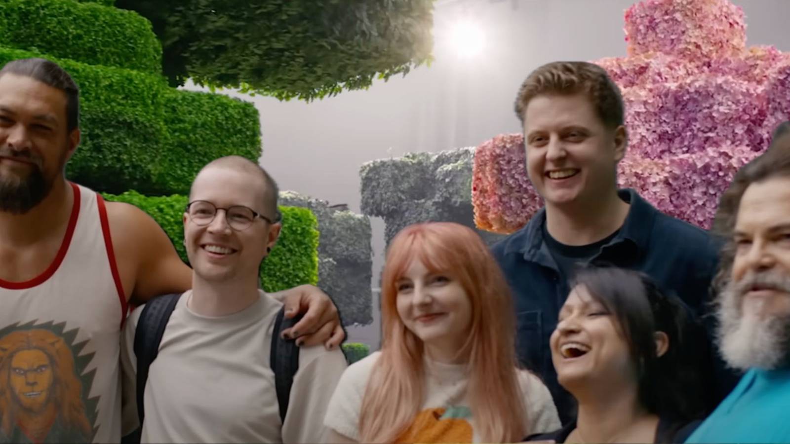 YouTubers with Jason Momoa and Jack Black on Minecraft Movie set