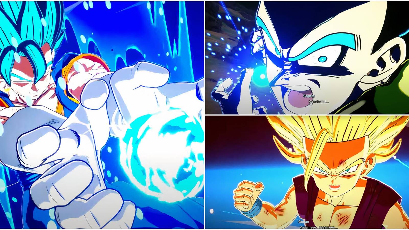 A collage image showing Vegito Blue, Gogeta Blue and Teen Gohan in Sparking Zero