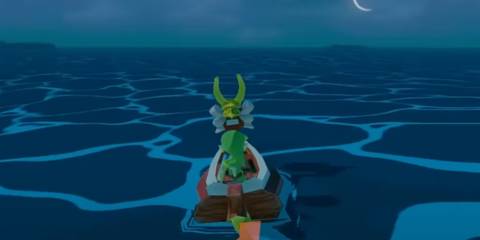 Link on his boat at night in The Legend Of Zelda: The Wind Waker