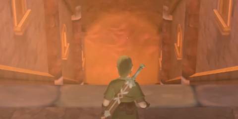 Link before a fiery-orange passageway