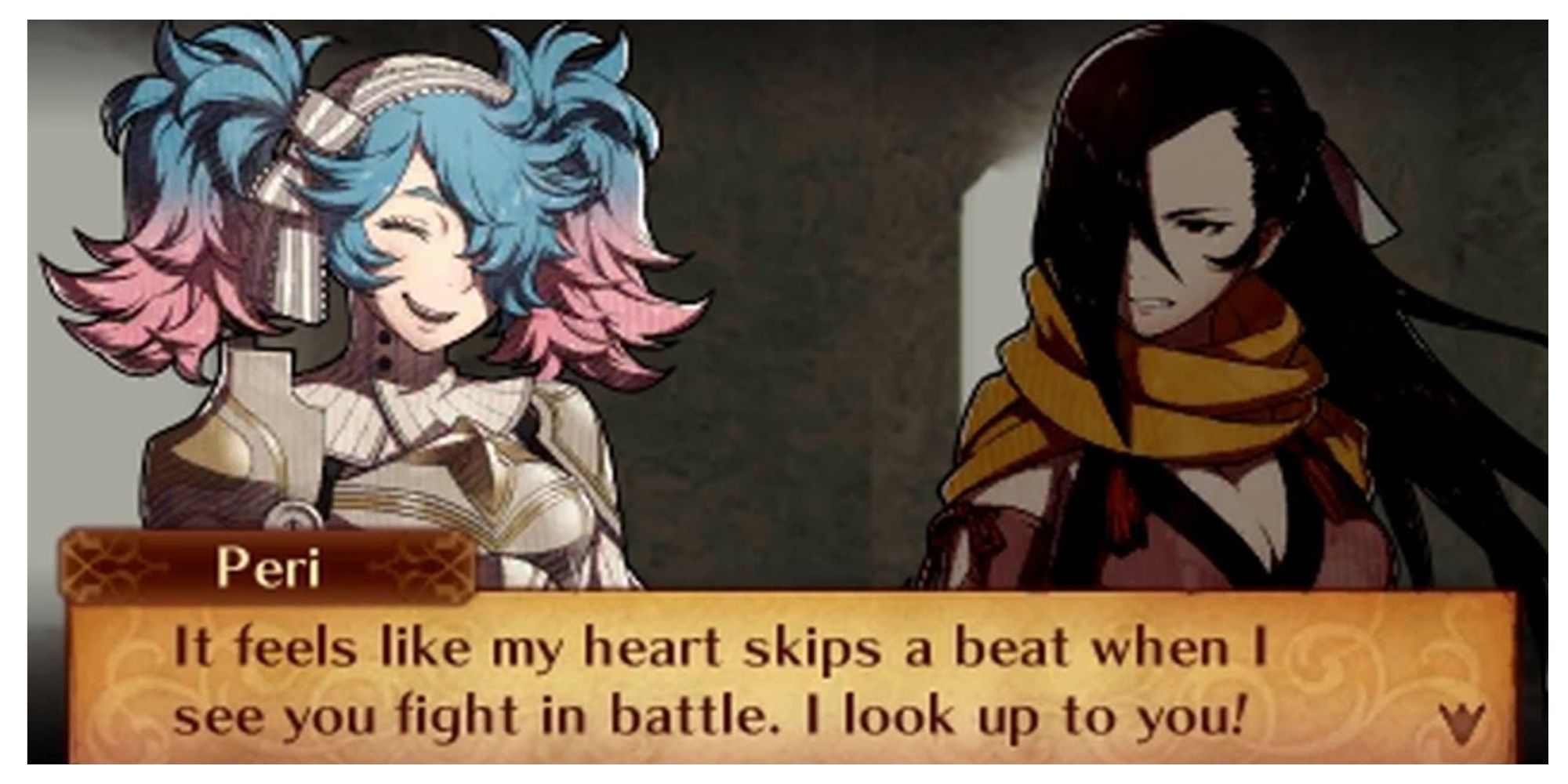 Peri, smiling, expressing admiration for Kagero, 