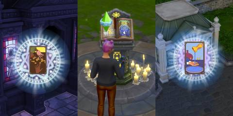 two tarot cards and a pink-haired Sim standing by a podium