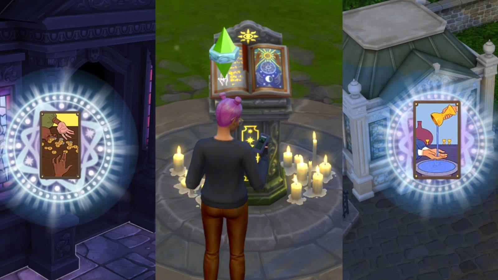 two tarot cards and a pink-haired Sim standing by a podium